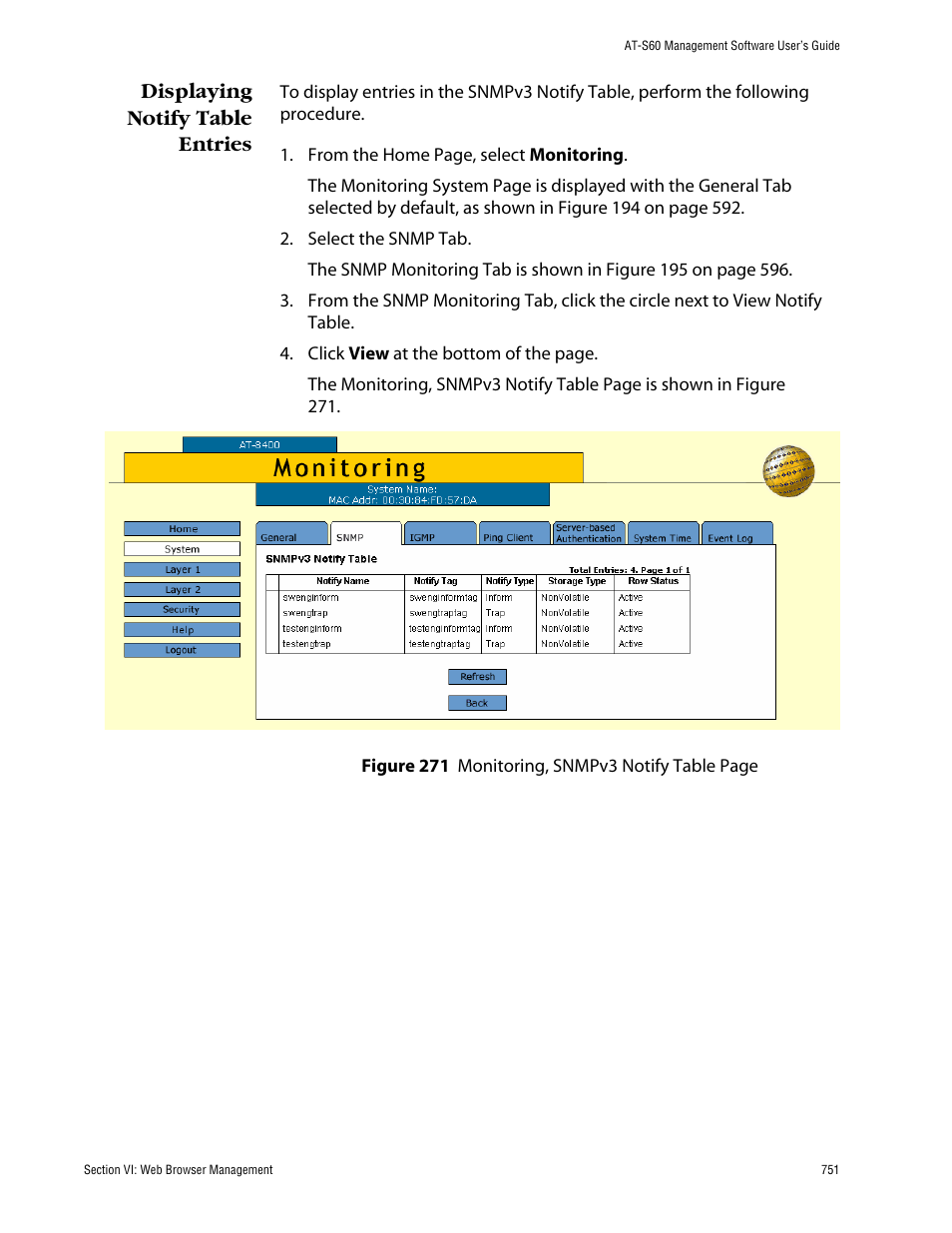 Displaying notify table entries | Allied Telesis AT-S60 User Manual | Page 751 / 858