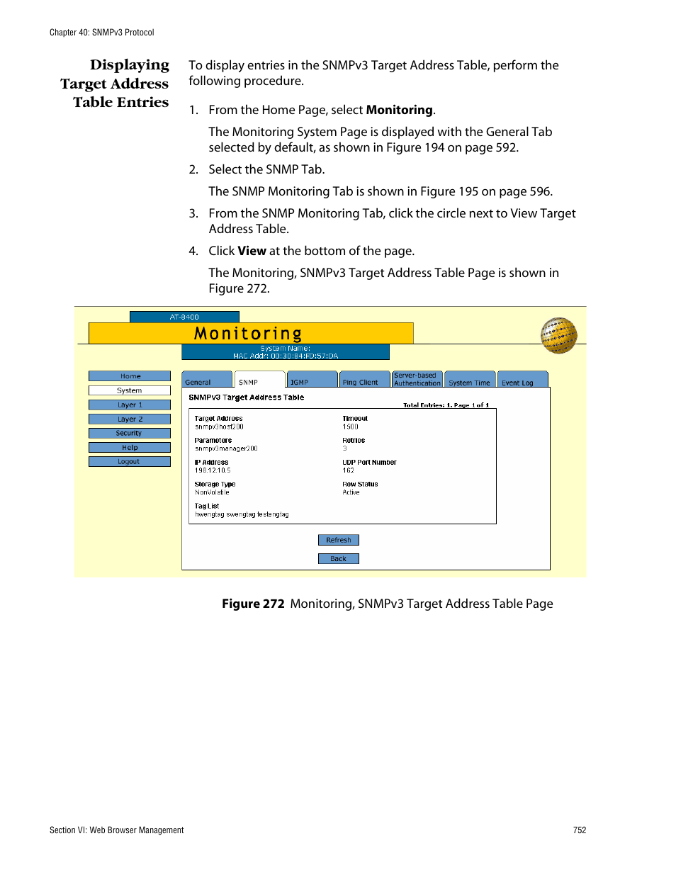 Displaying target address table entries | Allied Telesis AT-S60 User Manual | Page 752 / 858