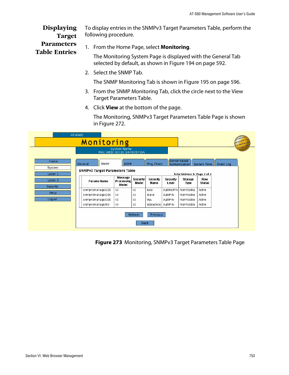 Displaying target parameters table entries | Allied Telesis AT-S60 User Manual | Page 753 / 858