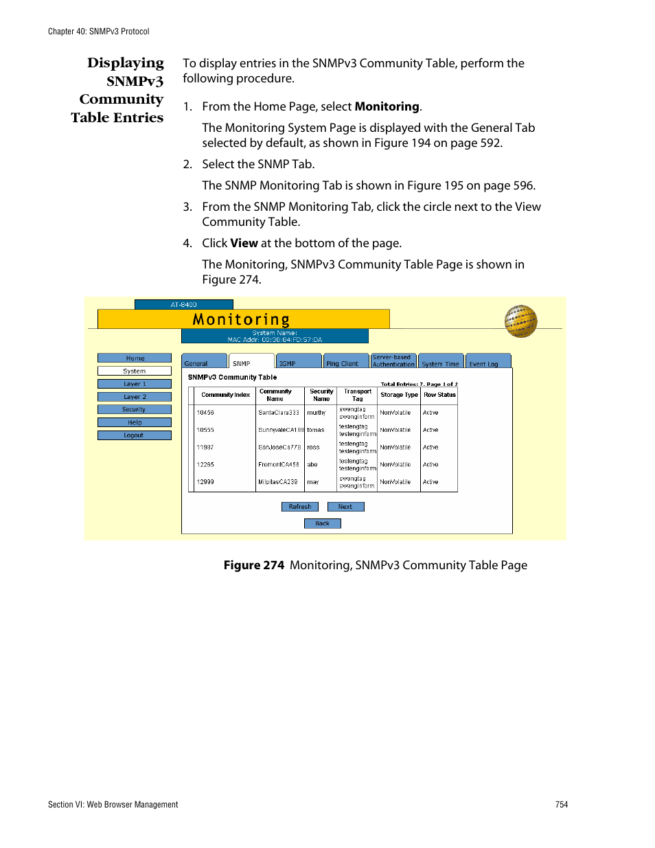 Displaying snmpv3 community table entries | Allied Telesis AT-S60 User Manual | Page 754 / 858