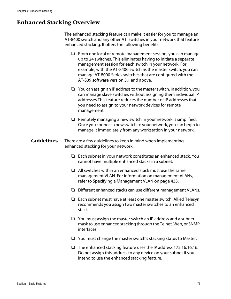Enhanced stacking overview, Guidelines | Allied Telesis AT-S60 User Manual | Page 76 / 858