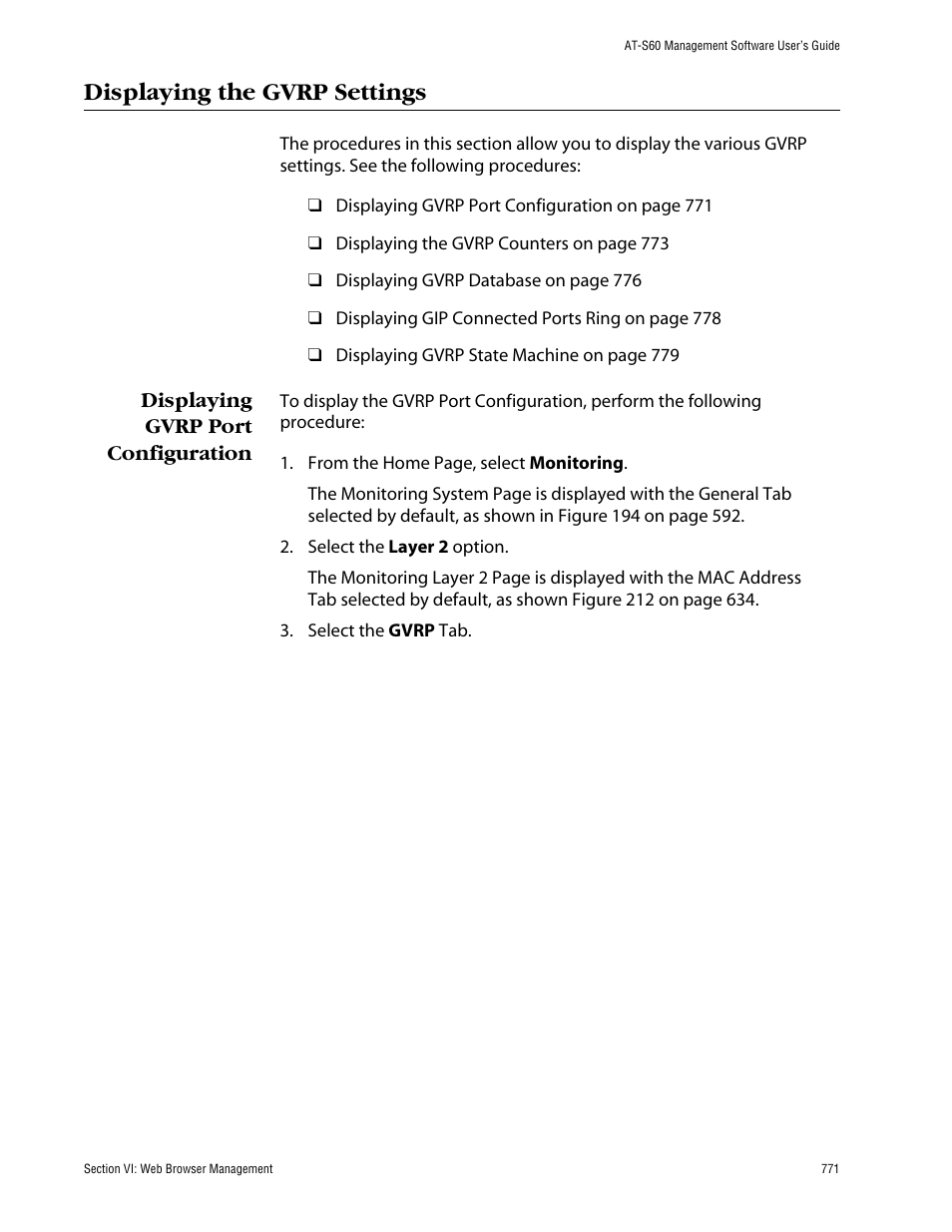 Displaying the gvrp settings, Displaying gvrp port configuration | Allied Telesis AT-S60 User Manual | Page 771 / 858