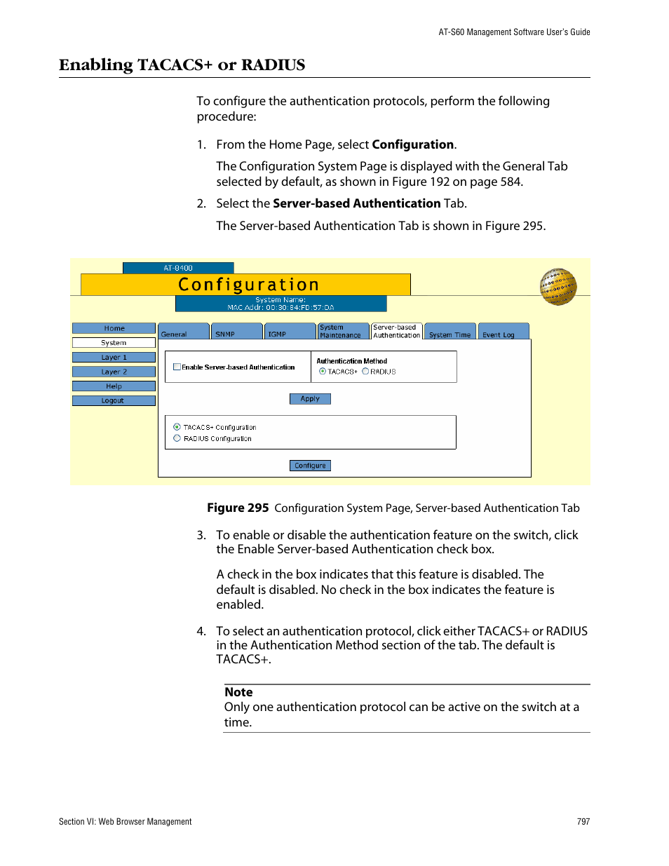 Enabling tacacs+ or radius | Allied Telesis AT-S60 User Manual | Page 797 / 858
