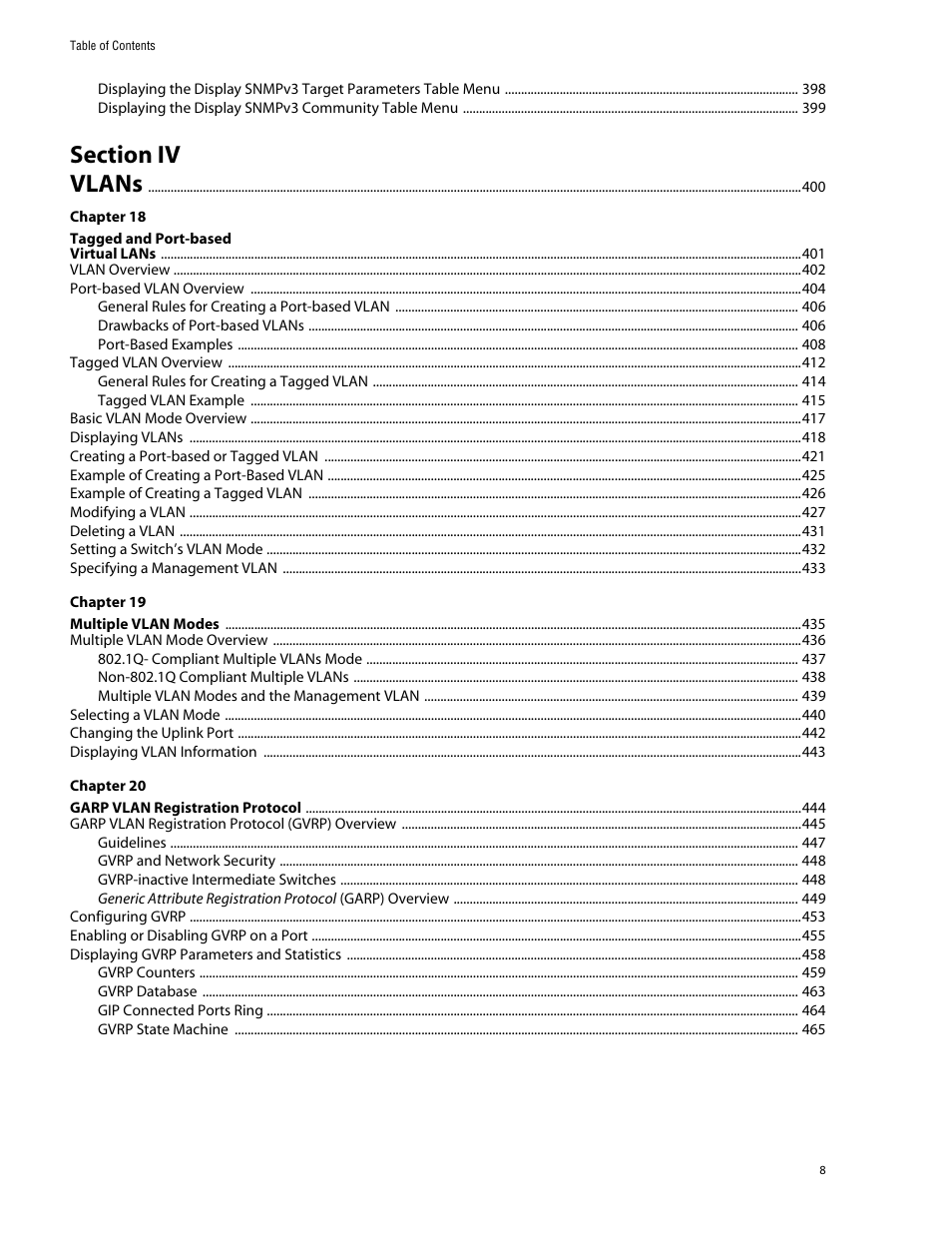 Section iv, Vlans 400 | Allied Telesis AT-S60 User Manual | Page 8 / 858