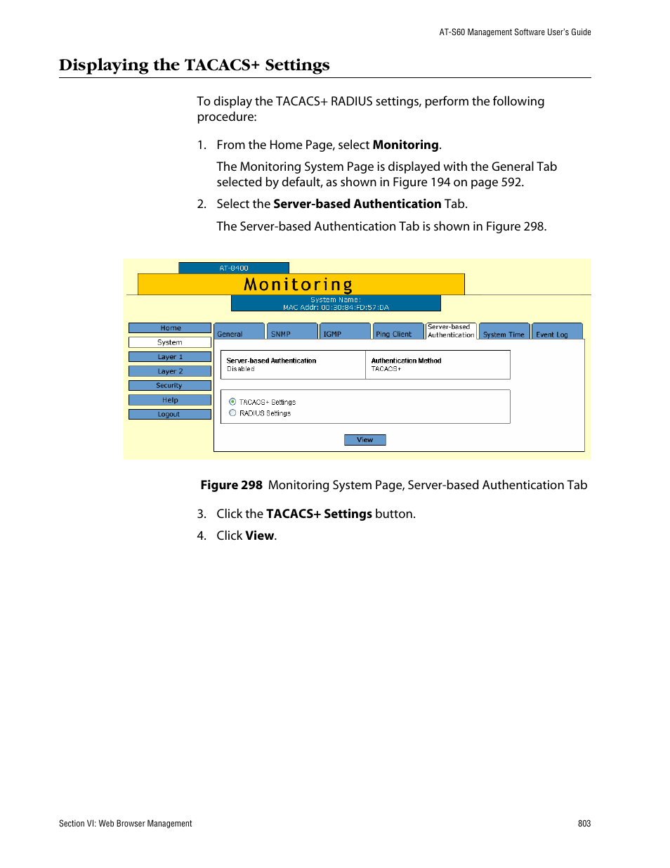 Displaying the tacacs+ settings | Allied Telesis AT-S60 User Manual | Page 803 / 858