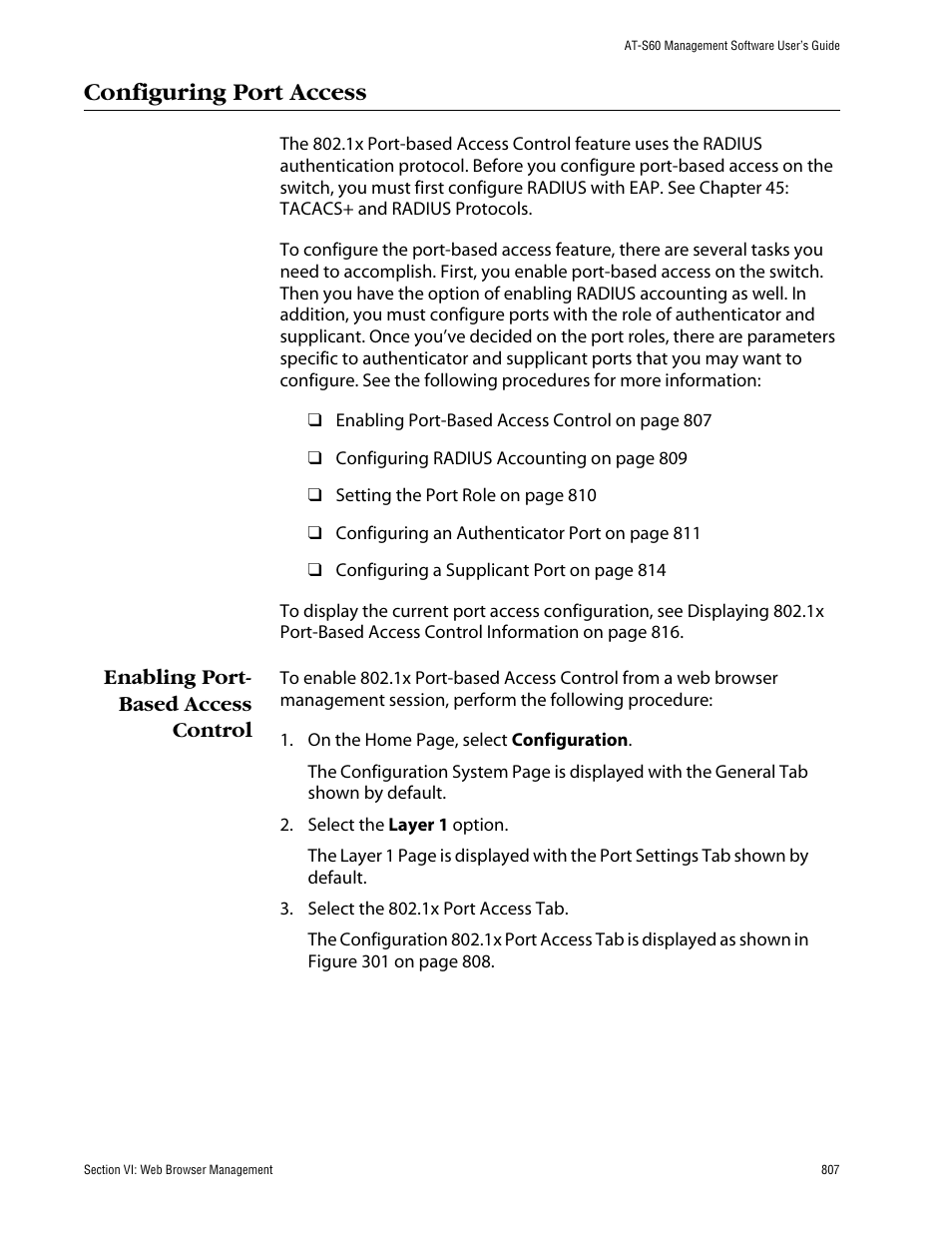 Configuring port access, Enabling port- based access control, Enabling port-based access control | Allied Telesis AT-S60 User Manual | Page 807 / 858
