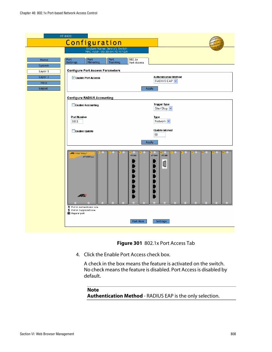 Figure 301: 802.1x port access tab | Allied Telesis AT-S60 User Manual | Page 808 / 858
