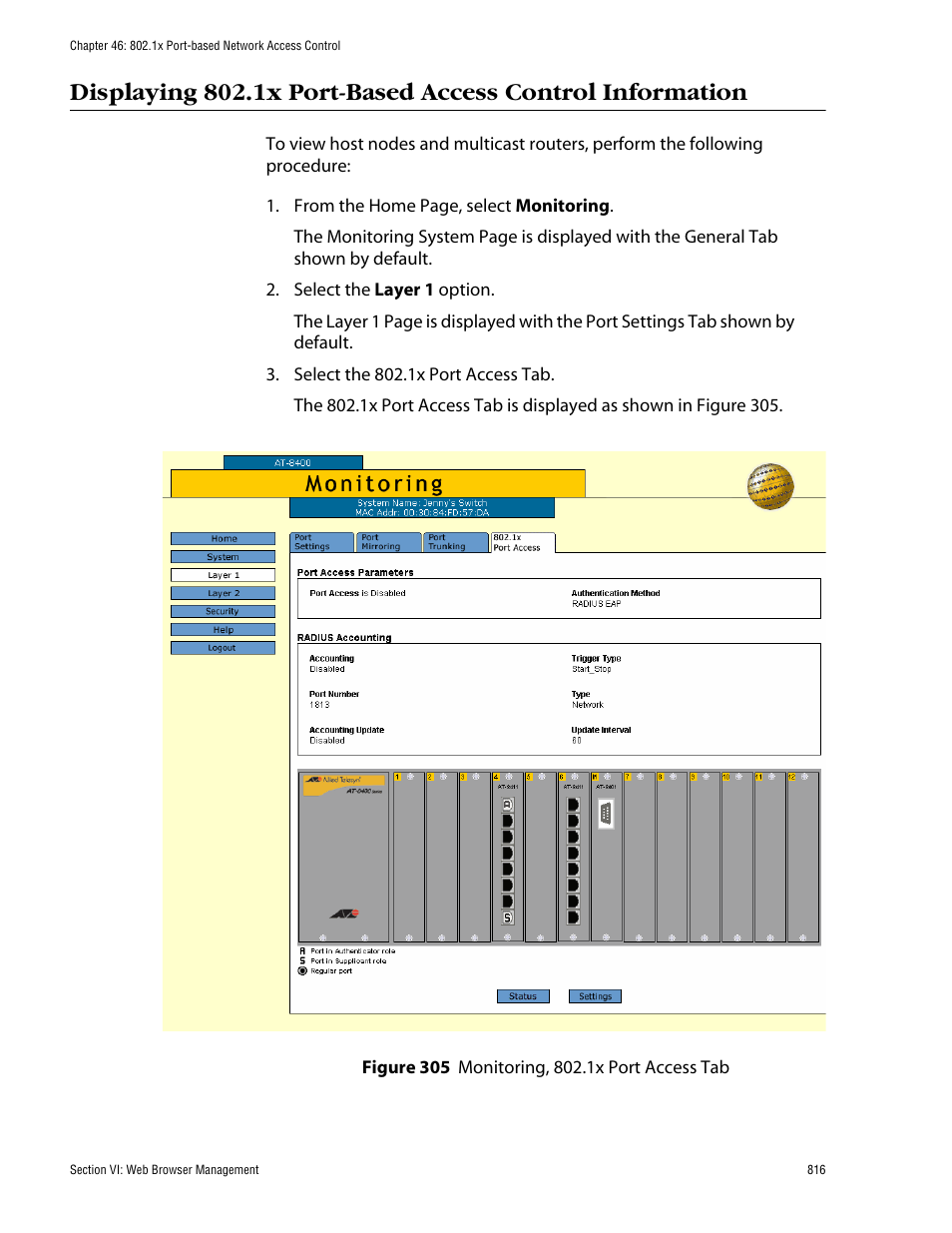 Figure 305: monitoring, 802.1x port access tab | Allied Telesis AT-S60 User Manual | Page 816 / 858