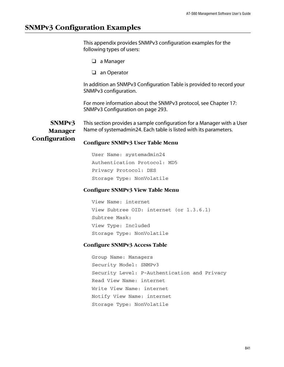 Snmpv3 configuration examples, Snmpv3 manager configuration | Allied Telesis AT-S60 User Manual | Page 841 / 858