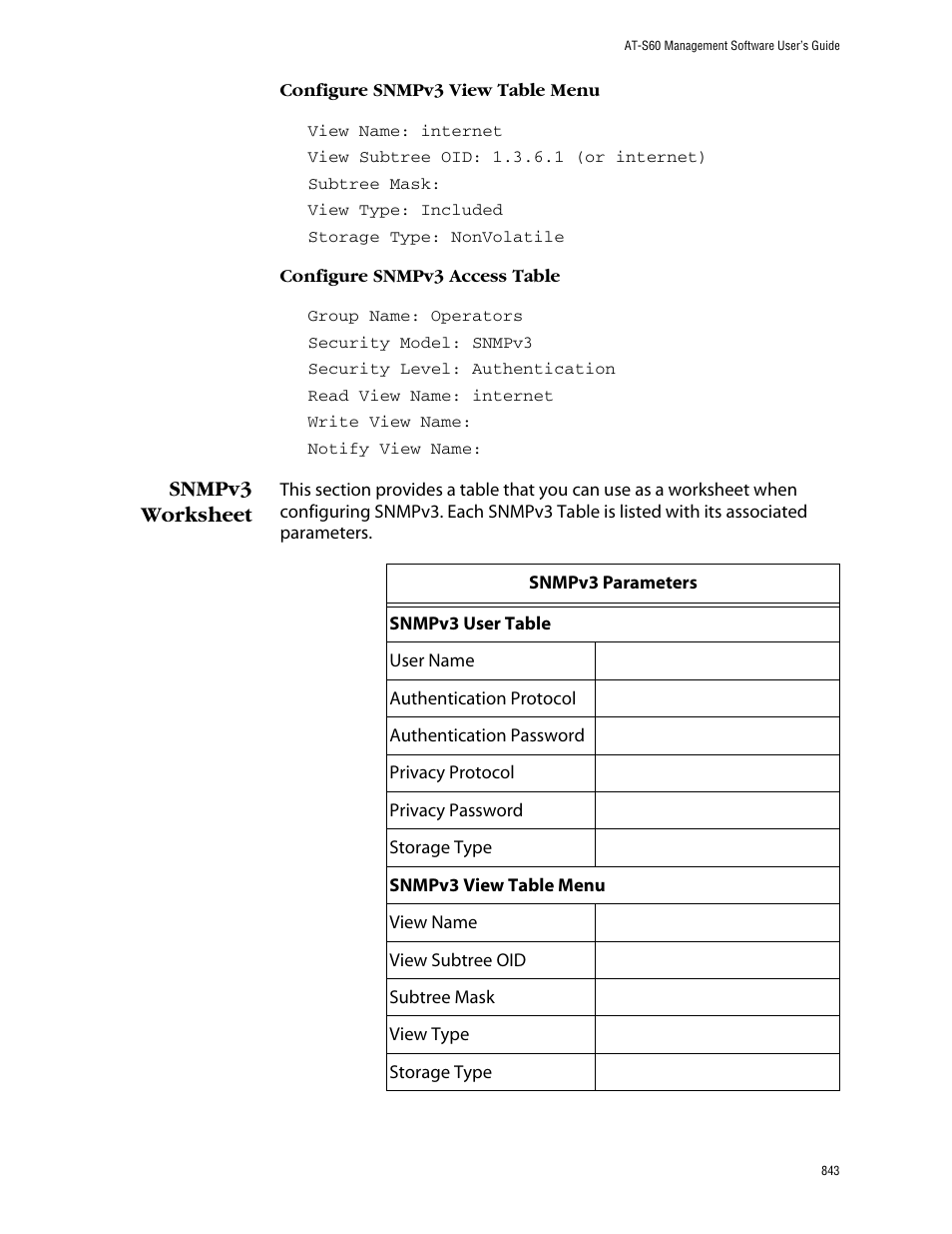 Snmpv3 worksheet | Allied Telesis AT-S60 User Manual | Page 843 / 858