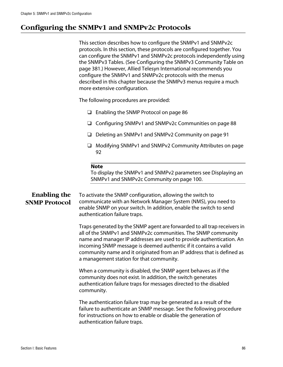 Configuring the snmpv1 and snmpv2c protocols, Enabling the snmp protocol | Allied Telesis AT-S60 User Manual | Page 86 / 858