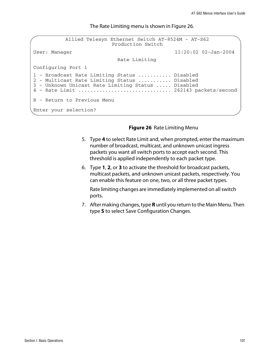 Figure 26: rate limiting menu | Allied Telesis AT-S62 User Manual | Page 107 / 760