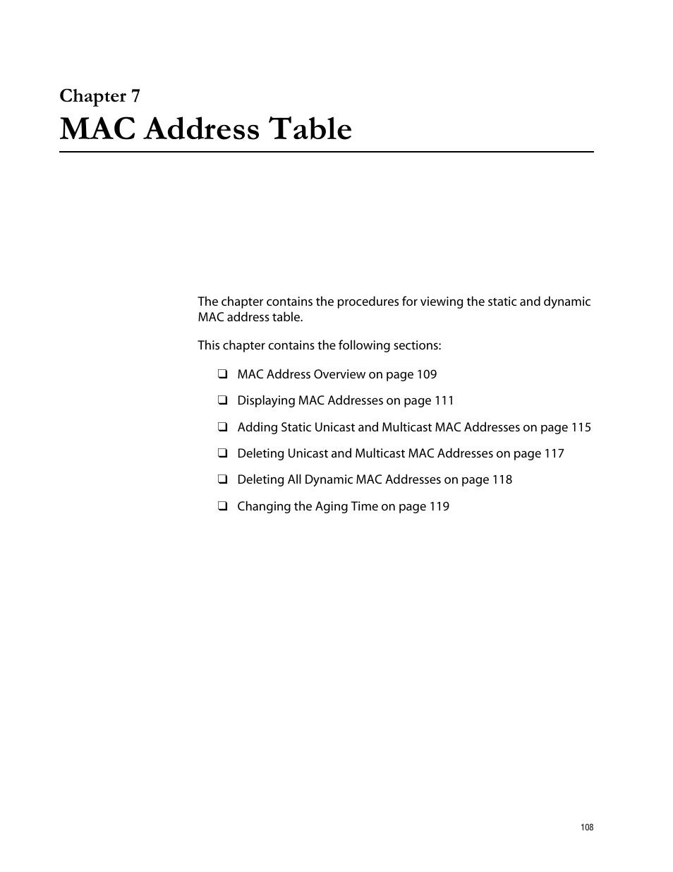 Chapter 7, Mac address table, Chapter 7 mac address table | Allied Telesis AT-S62 User Manual | Page 108 / 760