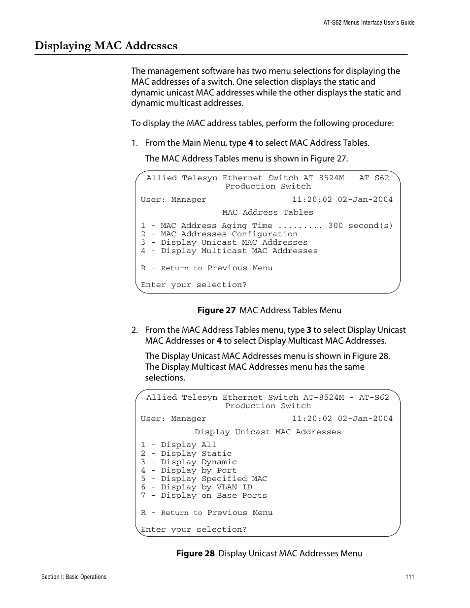 Displaying mac addresses | Allied Telesis AT-S62 User Manual | Page 111 / 760