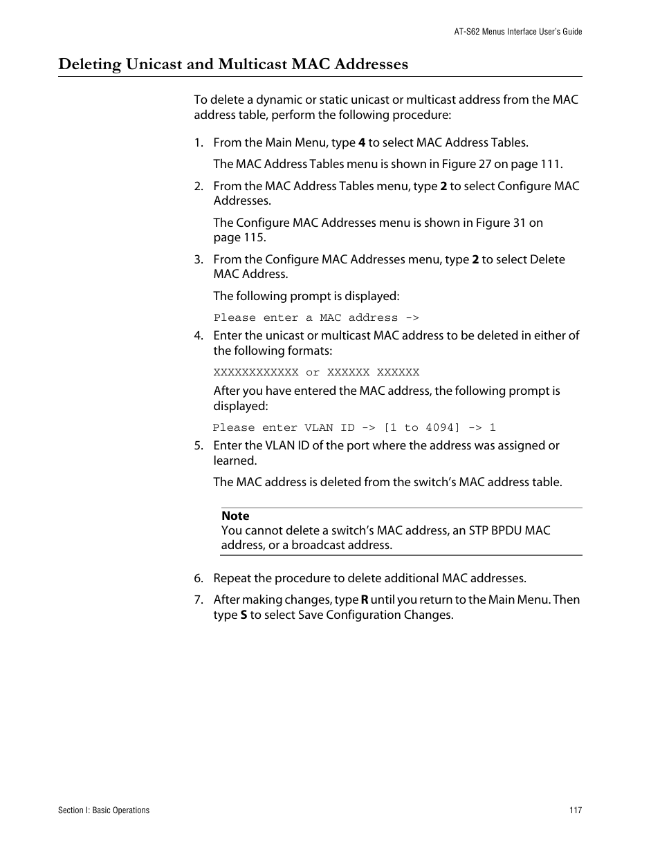 Deleting unicast and multicast mac addresses | Allied Telesis AT-S62 User Manual | Page 117 / 760