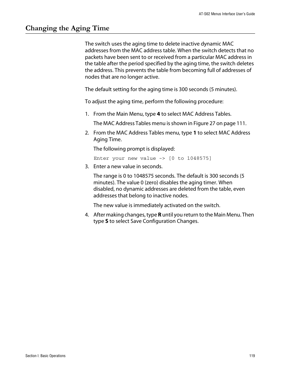 Changing the aging time | Allied Telesis AT-S62 User Manual | Page 119 / 760