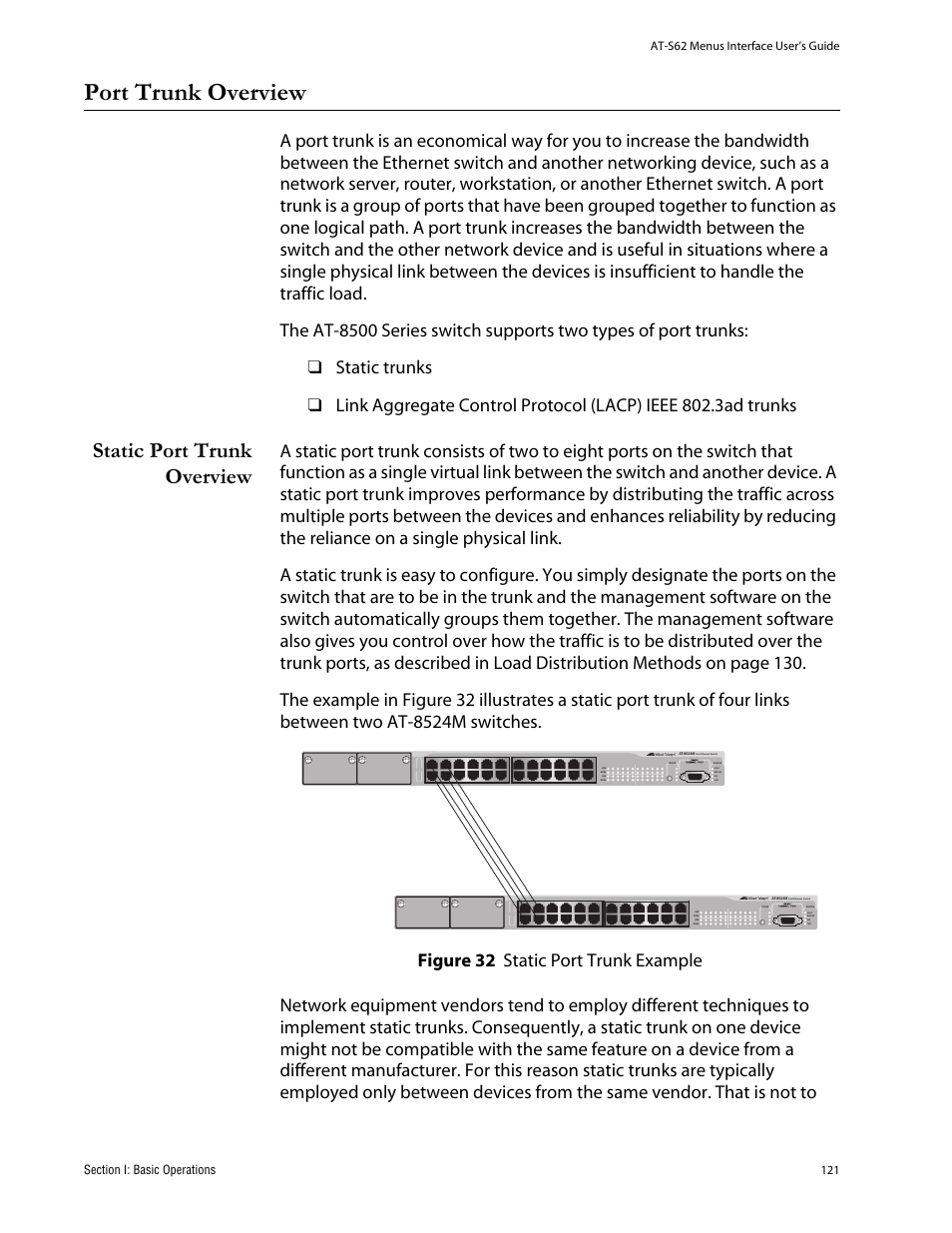 Port trunk overview, Static port trunk overview, Figure 32: static port trunk example | Allied Telesis AT-S62 User Manual | Page 121 / 760
