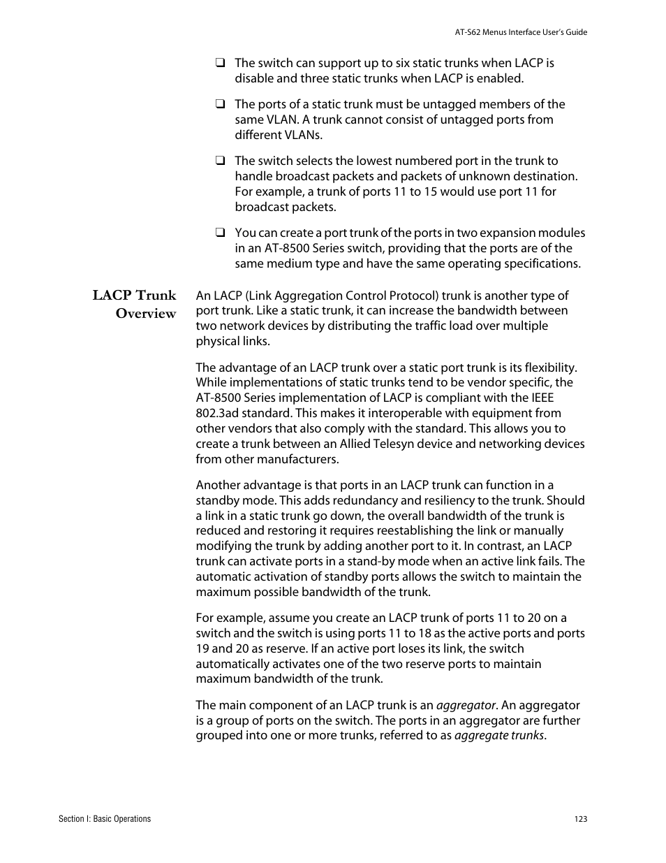Lacp trunk overview | Allied Telesis AT-S62 User Manual | Page 123 / 760
