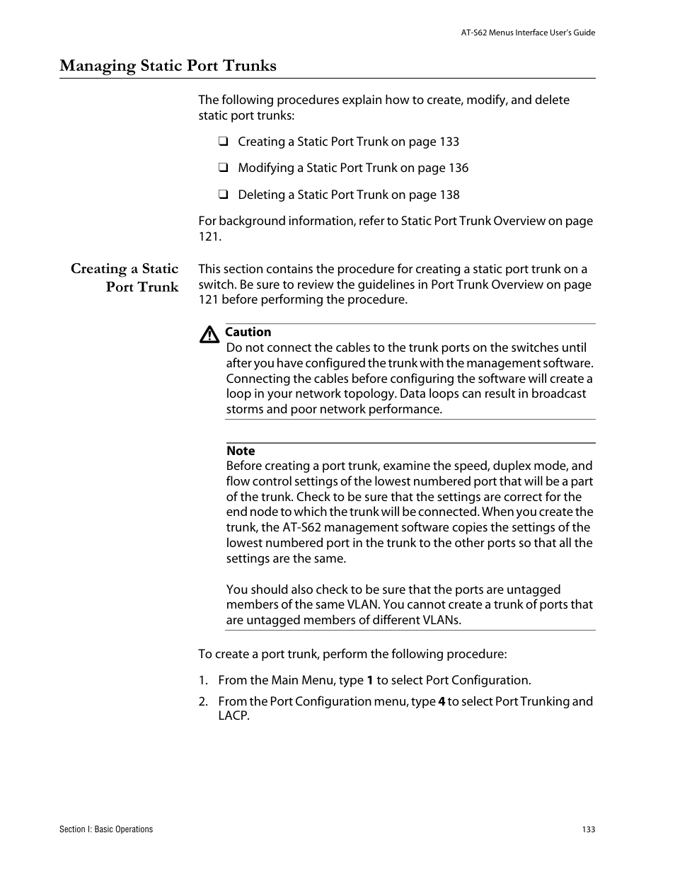 Managing static port trunks, Creating a static port trunk | Allied Telesis AT-S62 User Manual | Page 133 / 760