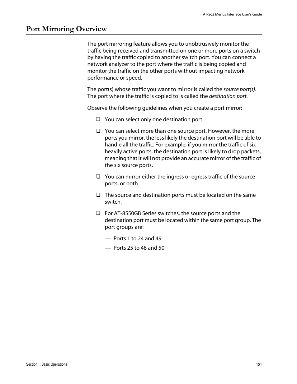 Port mirroring overview | Allied Telesis AT-S62 User Manual | Page 151 / 760