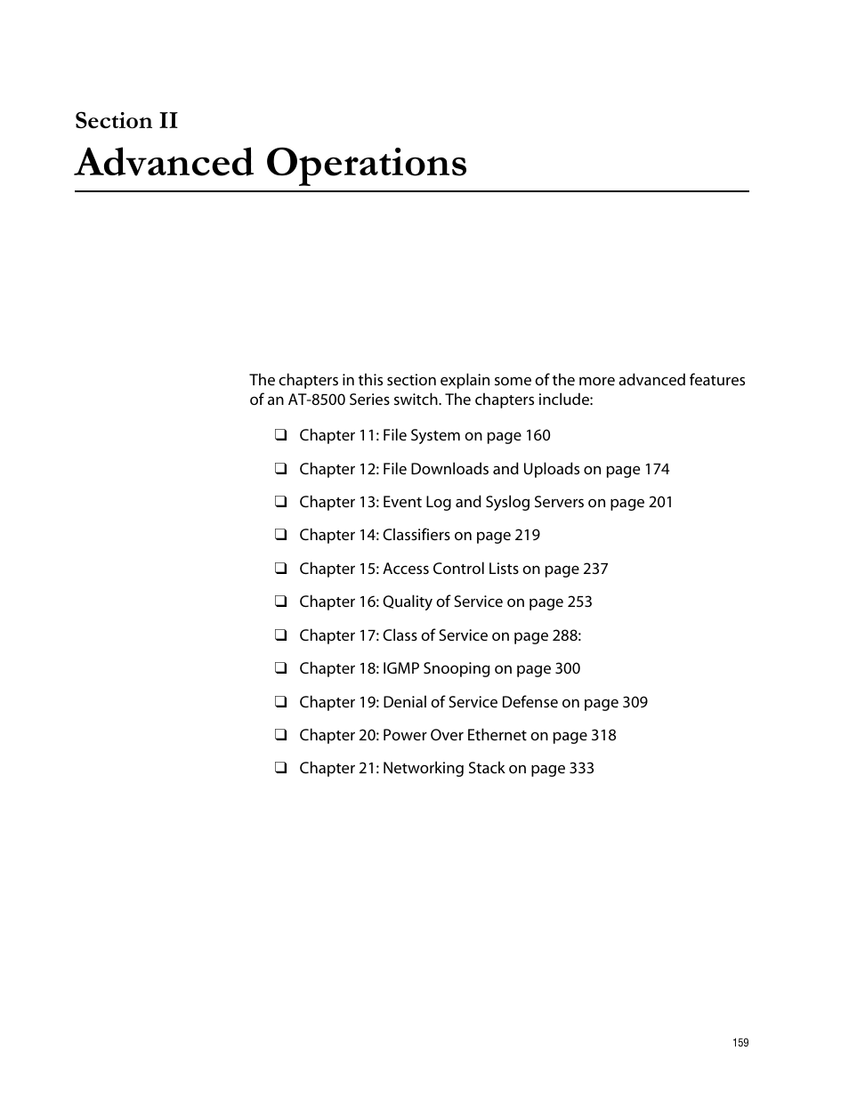 Section ii, Advanced operations, Section ii advanced operations | Allied Telesis AT-S62 User Manual | Page 159 / 760
