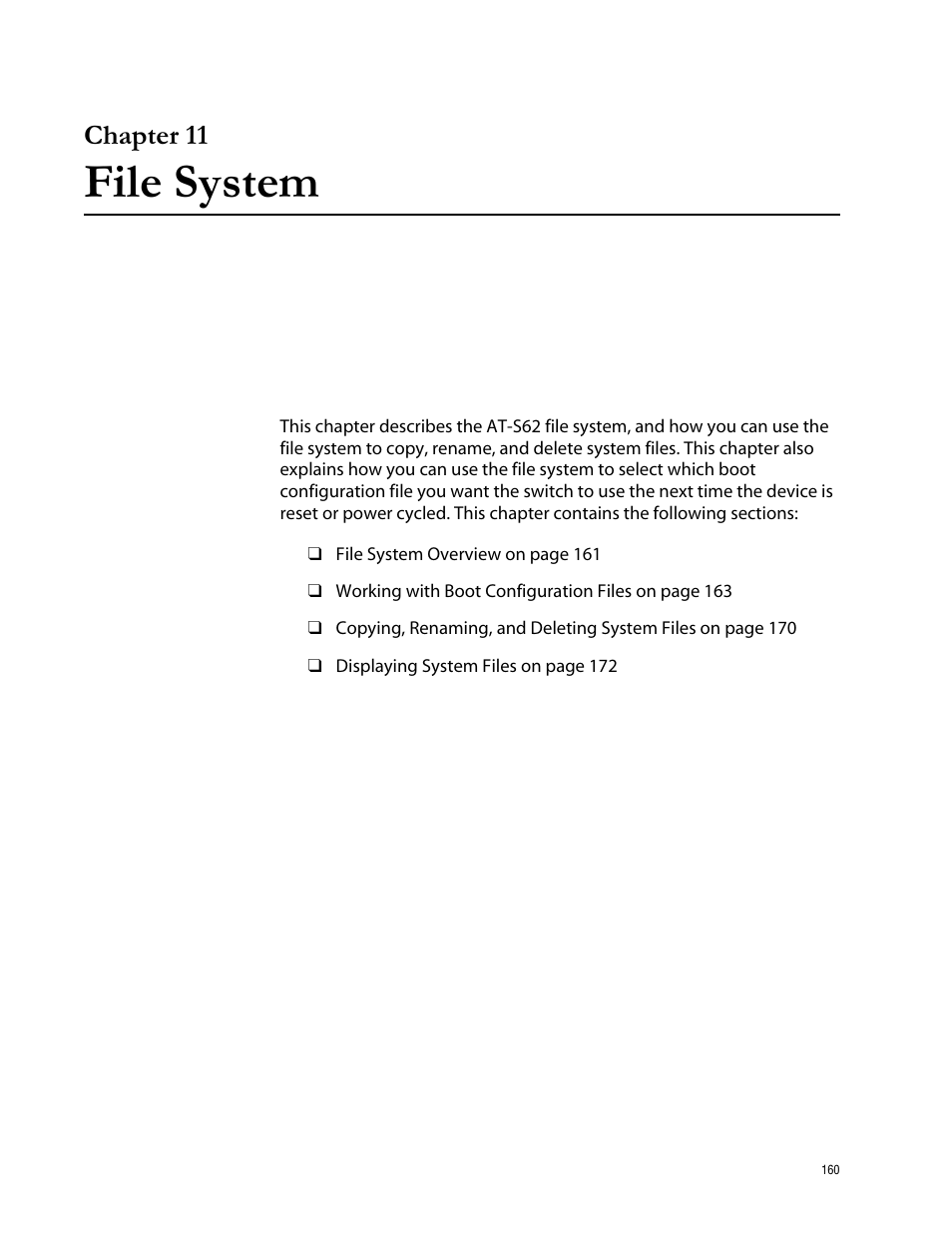 Chapter 11, File system, Chapter 11 file system | Allied Telesis AT-S62 User Manual | Page 160 / 760