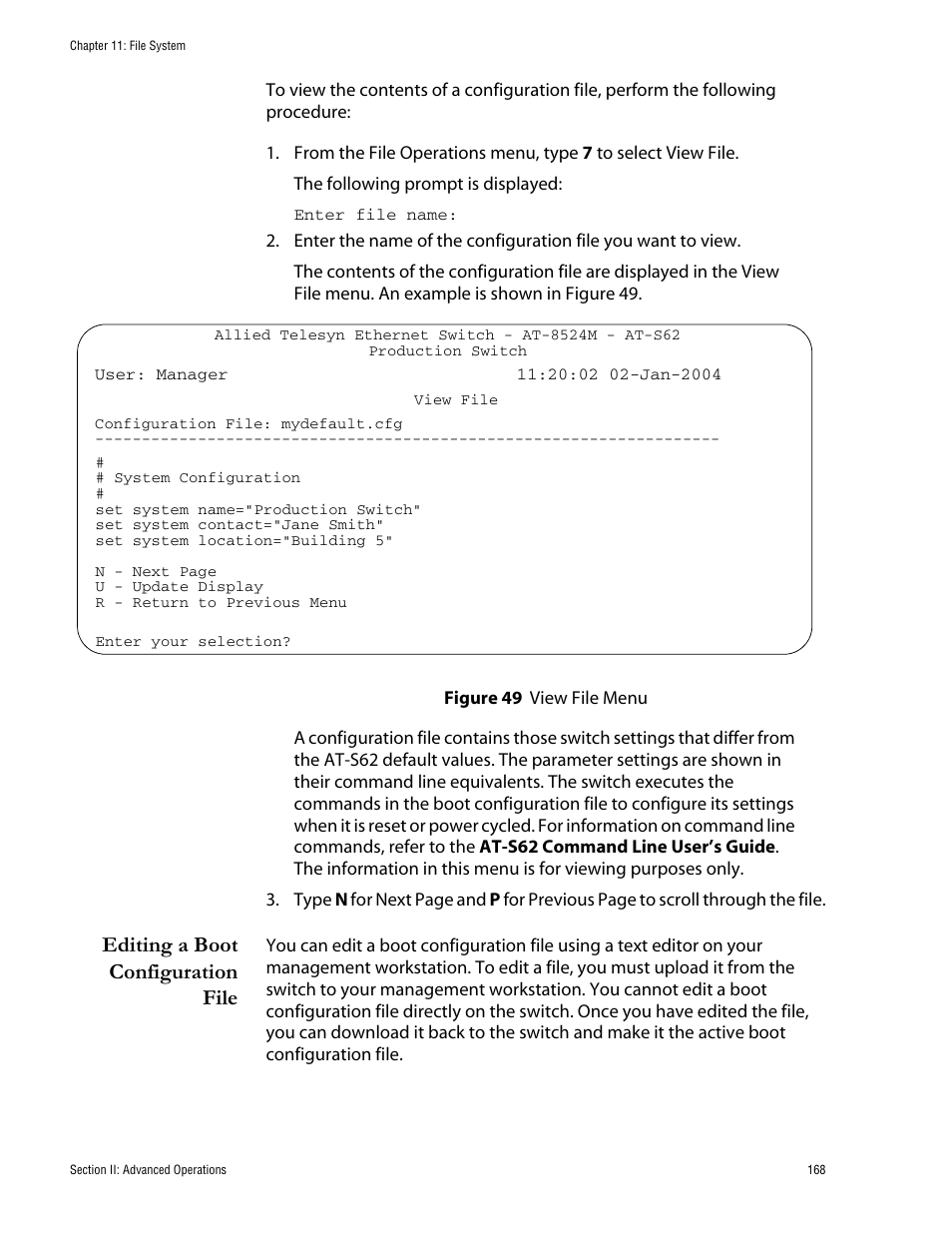 Editing a boot configuration file, Figure 49: view file menu | Allied Telesis AT-S62 User Manual | Page 168 / 760