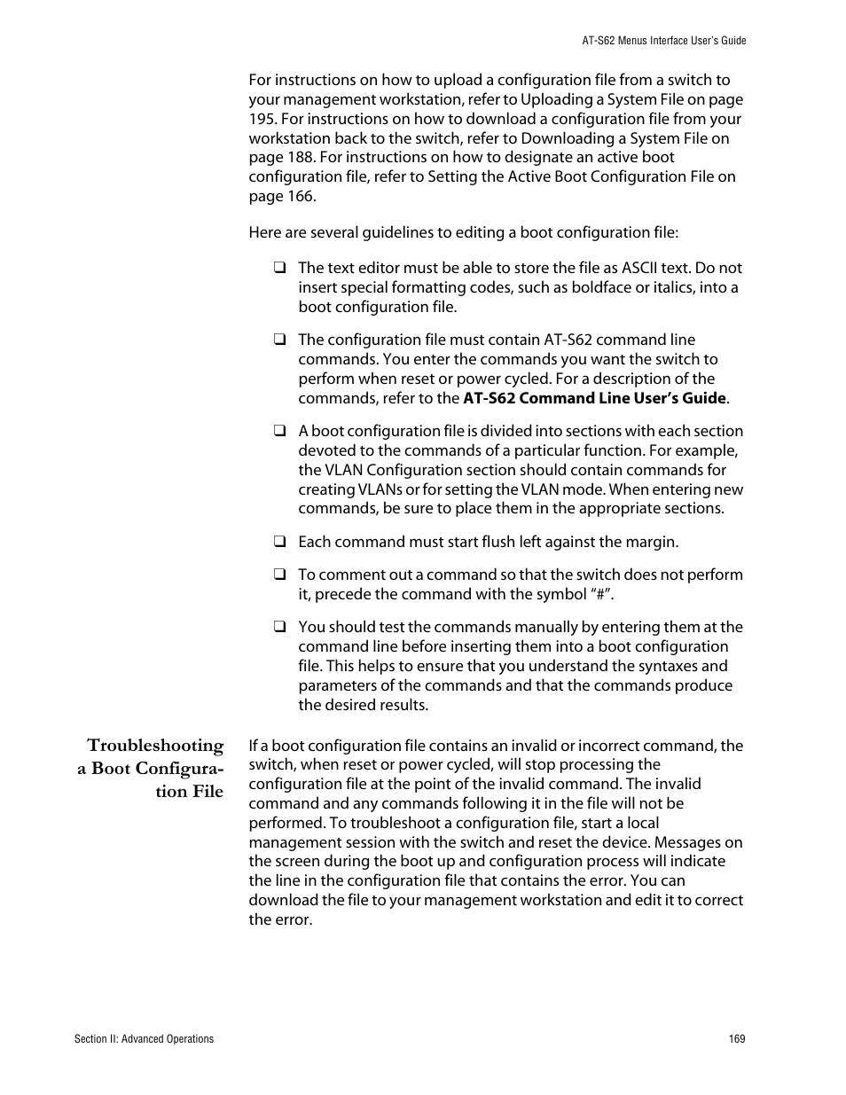 Troubleshooting a boot configuration file | Allied Telesis AT-S62 User Manual | Page 169 / 760