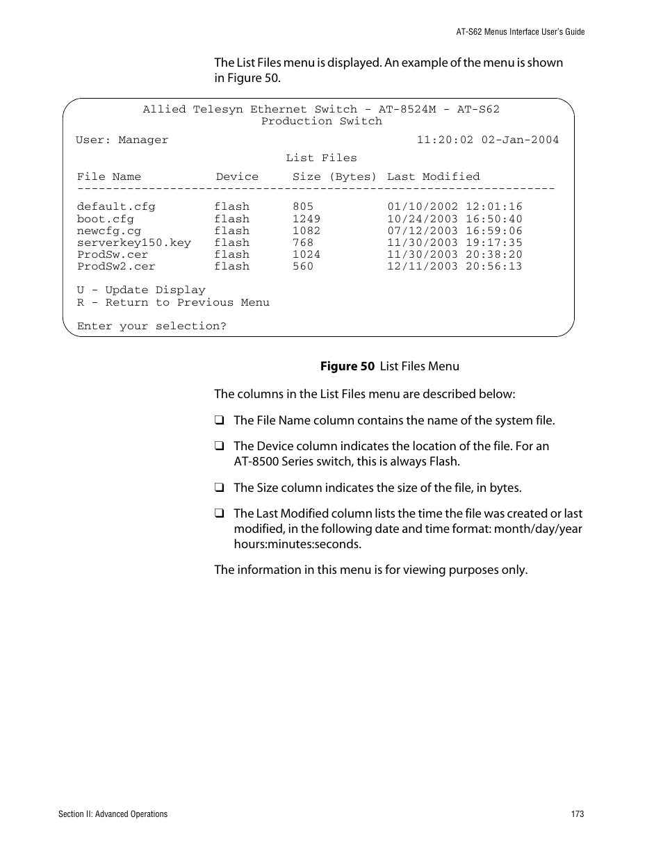 Figure 50: list files menu | Allied Telesis AT-S62 User Manual | Page 173 / 760