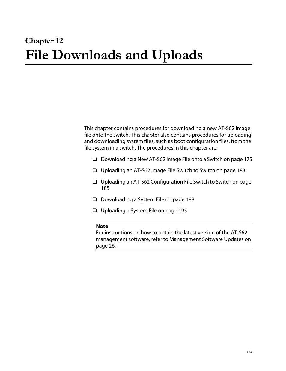 Chapter 12, File downloads and uploads, Chapter 12 file downloads and uploads | Allied Telesis AT-S62 User Manual | Page 174 / 760