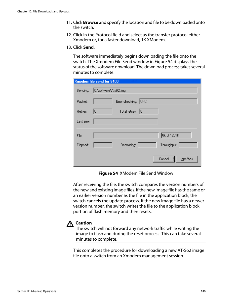 Figure 54: xmodem file send window | Allied Telesis AT-S62 User Manual | Page 180 / 760