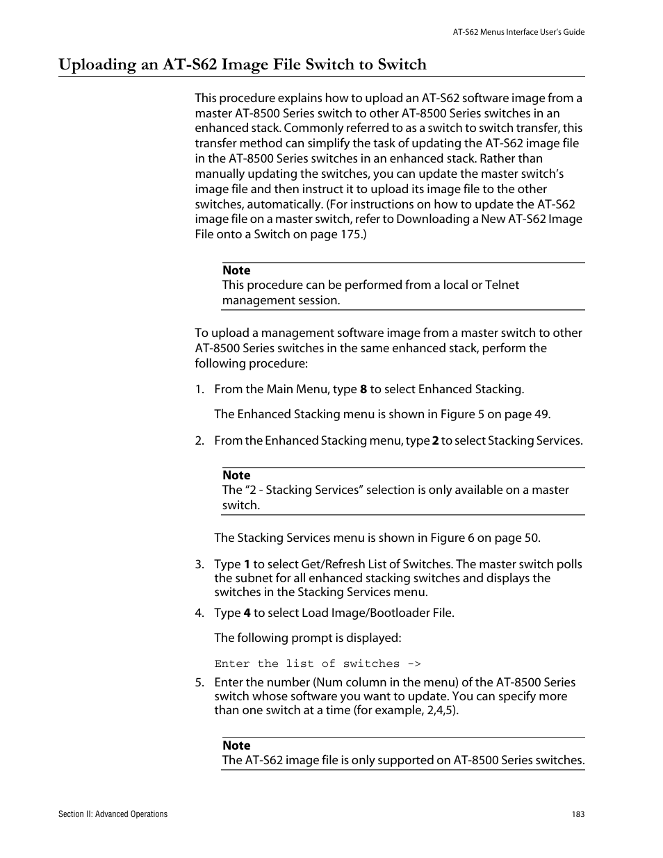 Uploading an at-s62 image file switch to switch | Allied Telesis AT-S62 User Manual | Page 183 / 760