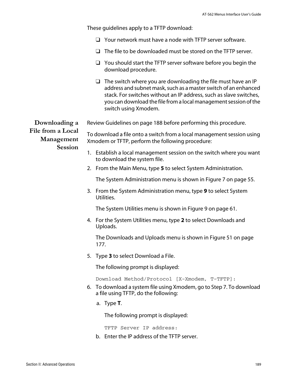 Downloading a file from a local management session | Allied Telesis AT-S62 User Manual | Page 189 / 760