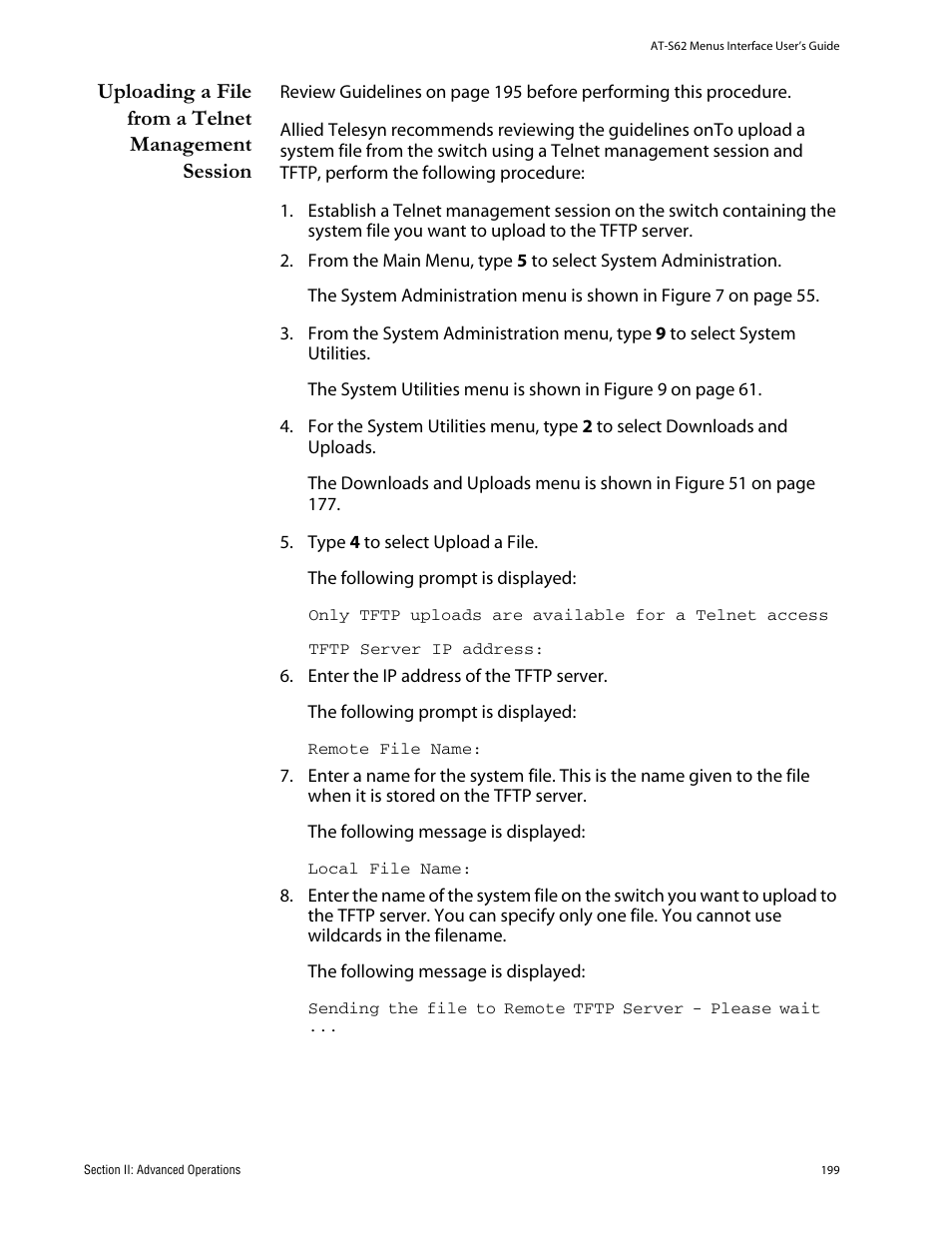 Uploading a file from a telnet management session | Allied Telesis AT-S62 User Manual | Page 199 / 760
