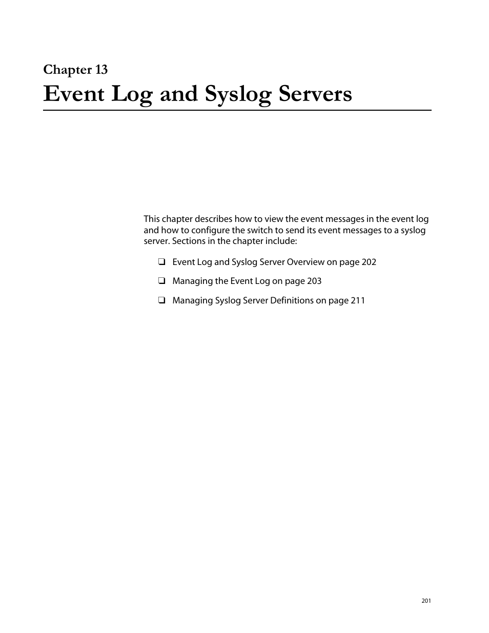 Chapter 13, Event log and syslog servers, Chapter 13 event log and syslog servers | Allied Telesis AT-S62 User Manual | Page 201 / 760