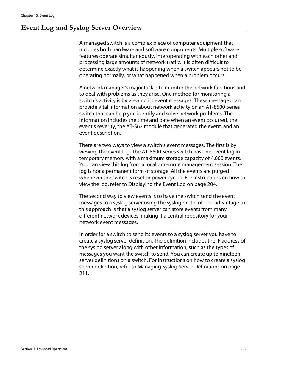 Event log and syslog server overview | Allied Telesis AT-S62 User Manual | Page 202 / 760