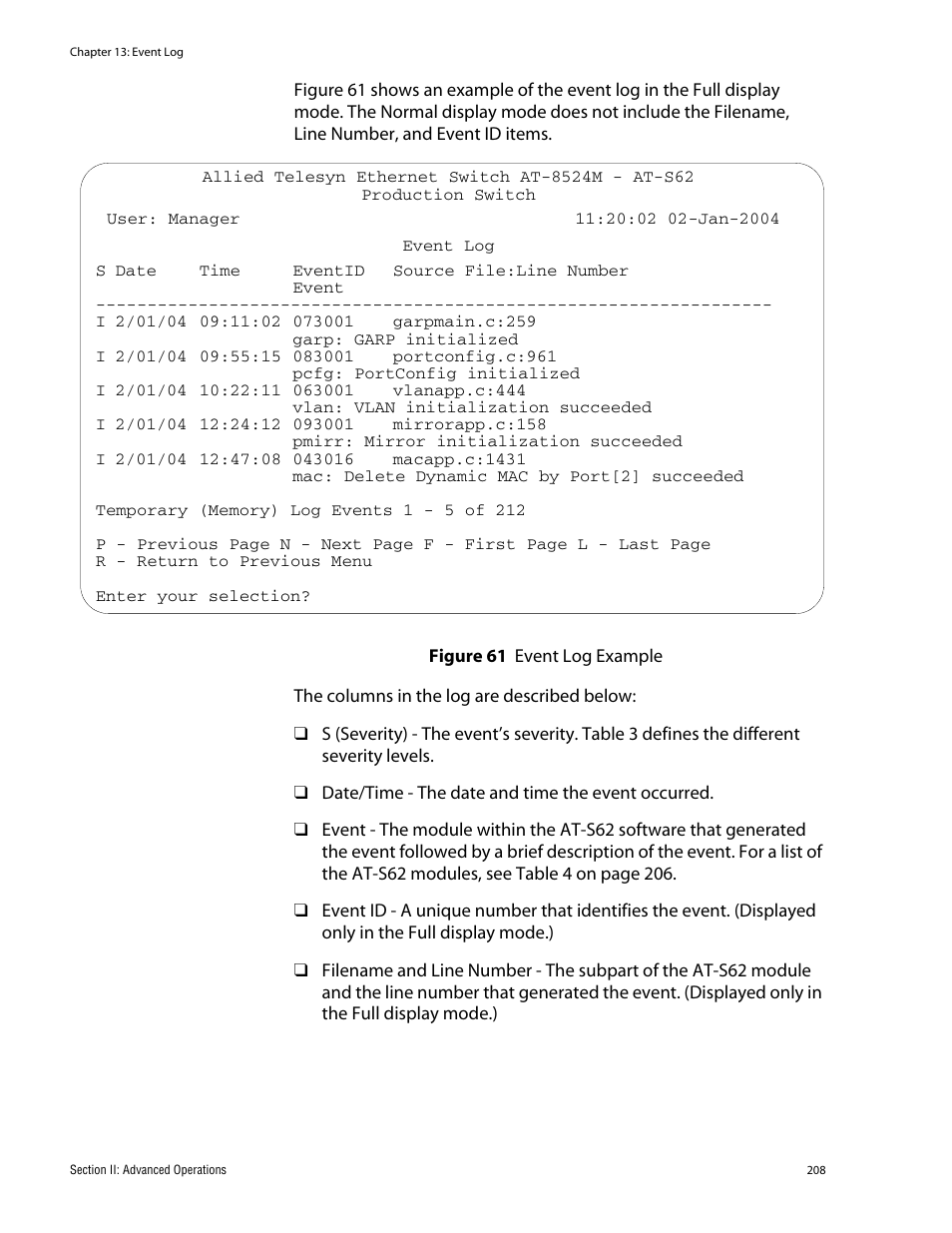 Event log example | Allied Telesis AT-S62 User Manual | Page 208 / 760