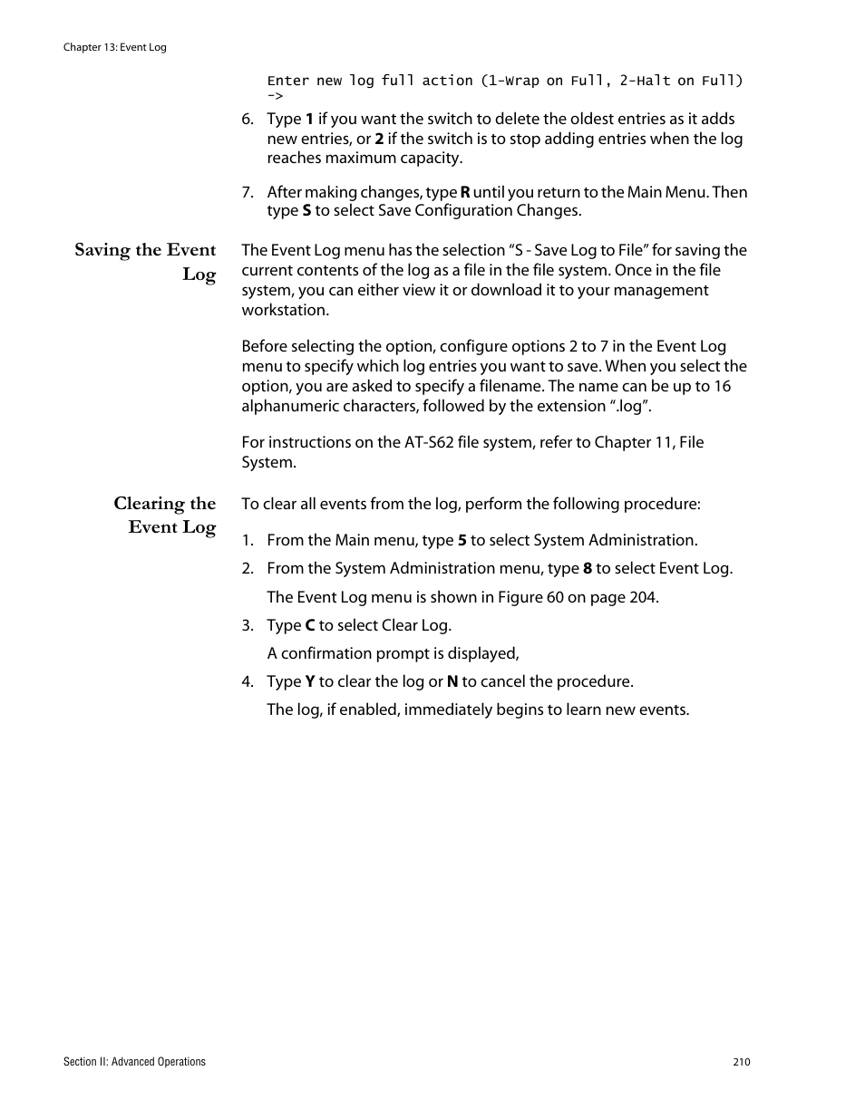 Saving the event log, Clearing the event log, Saving the event log clearing the event log | Allied Telesis AT-S62 User Manual | Page 210 / 760