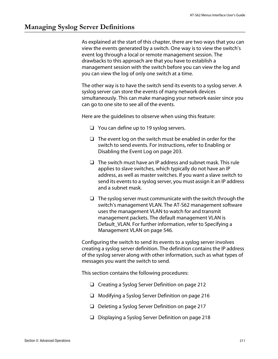Managing syslog server definitions | Allied Telesis AT-S62 User Manual | Page 211 / 760