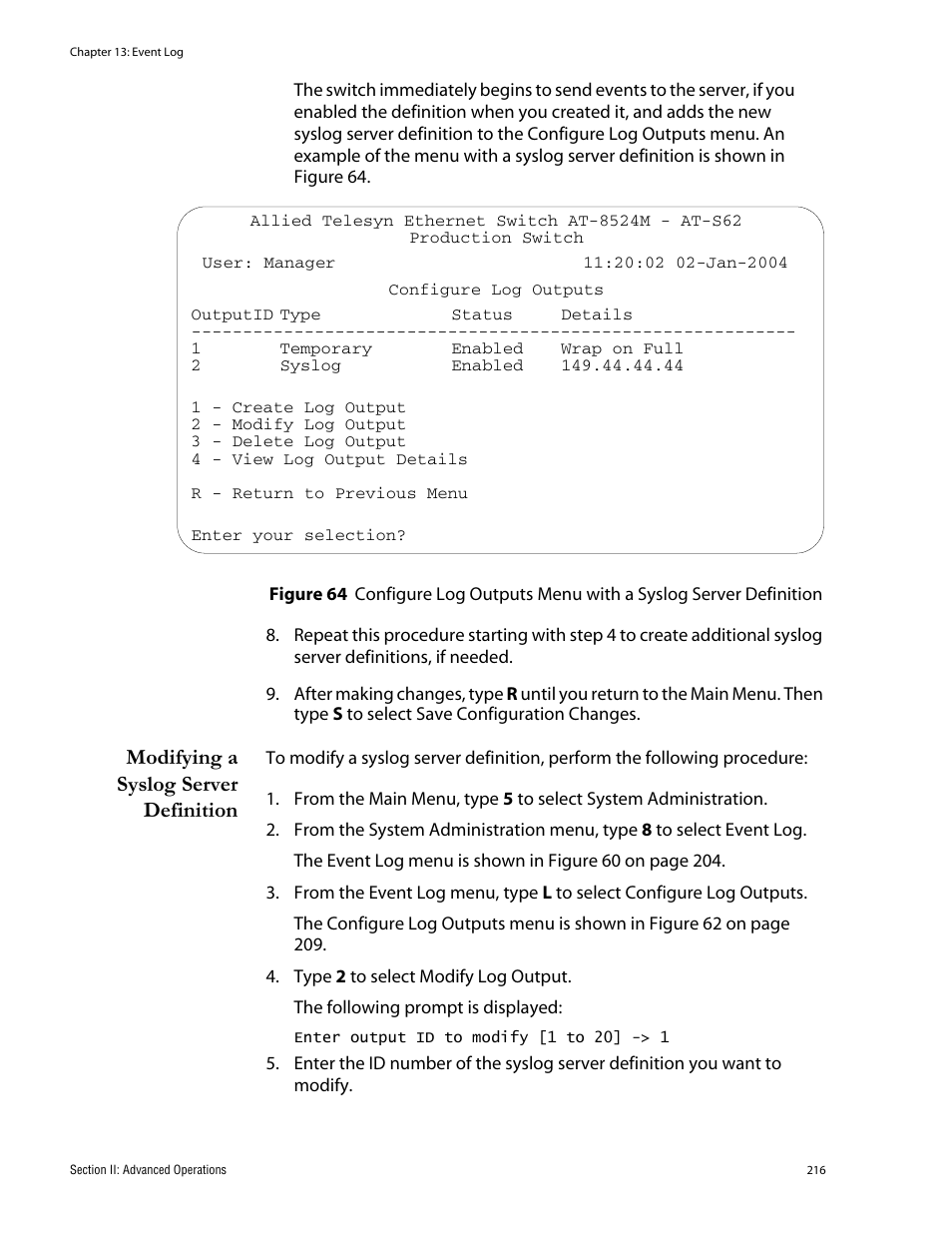 Modifying a syslog server definition | Allied Telesis AT-S62 User Manual | Page 216 / 760