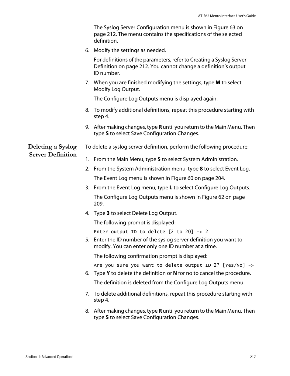 Deleting a syslog server definition | Allied Telesis AT-S62 User Manual | Page 217 / 760