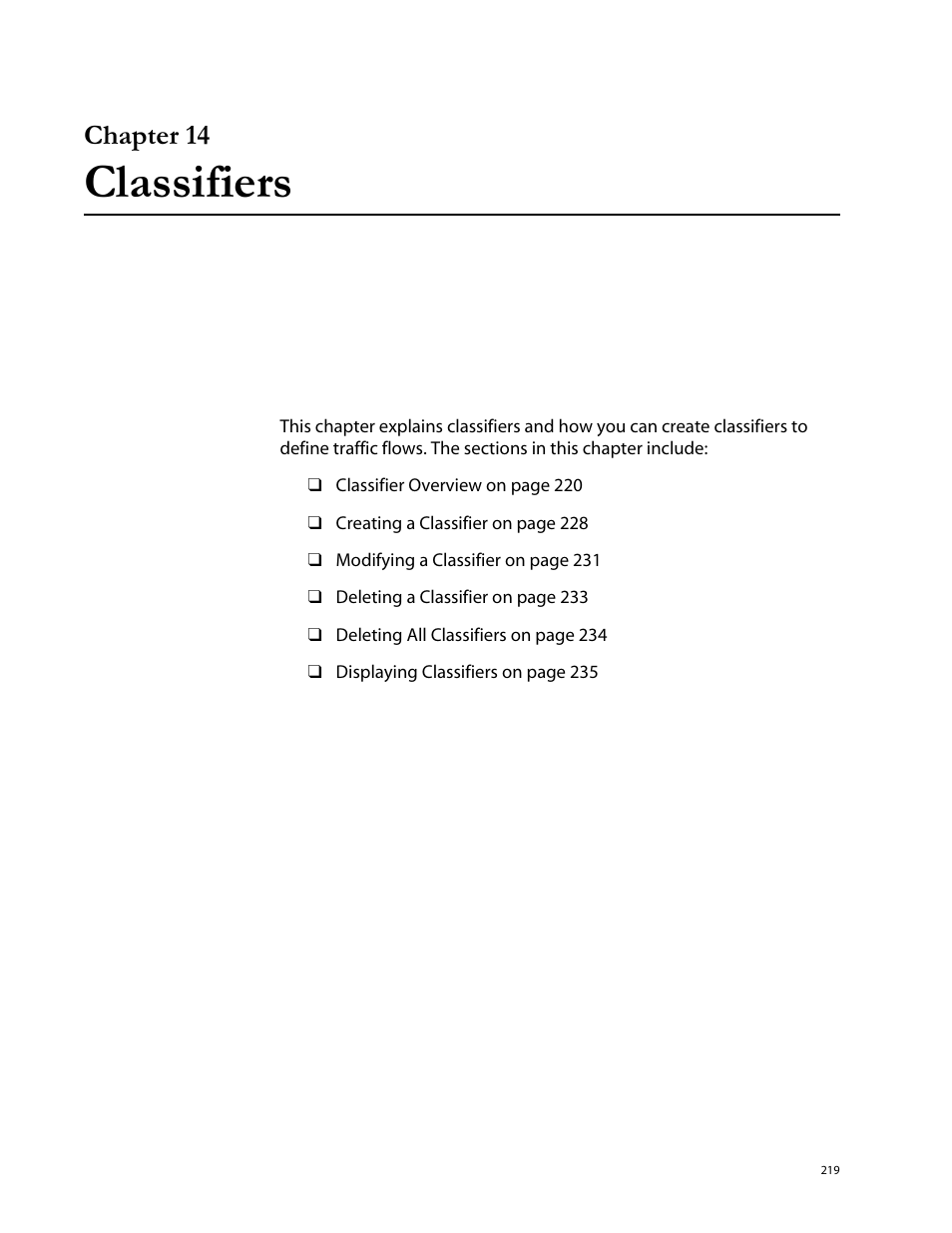 Chapter 14, Classifiers, Chapter 14 classifiers | Allied Telesis AT-S62 User Manual | Page 219 / 760