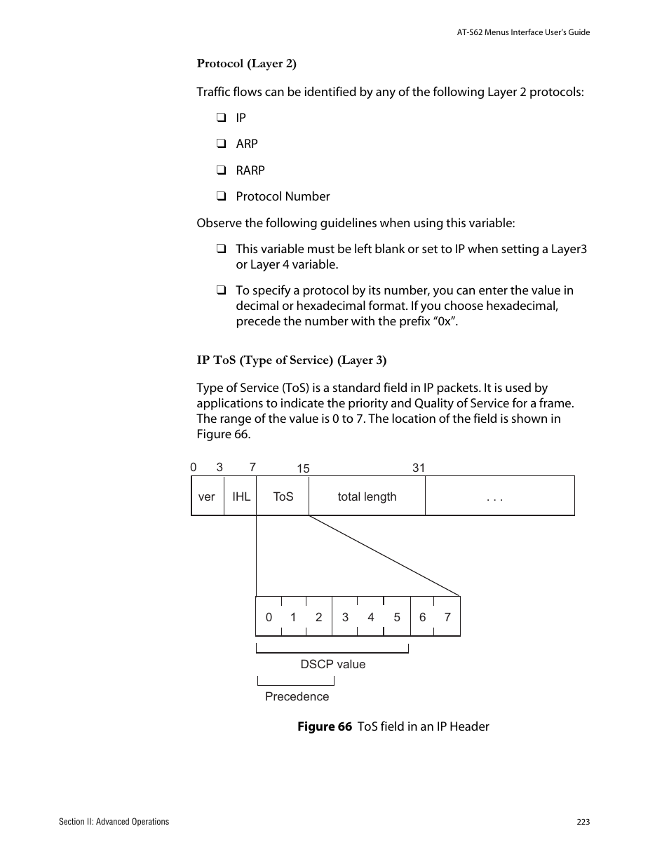 Figure 66: tos field in an ip header | Allied Telesis AT-S62 User Manual | Page 223 / 760