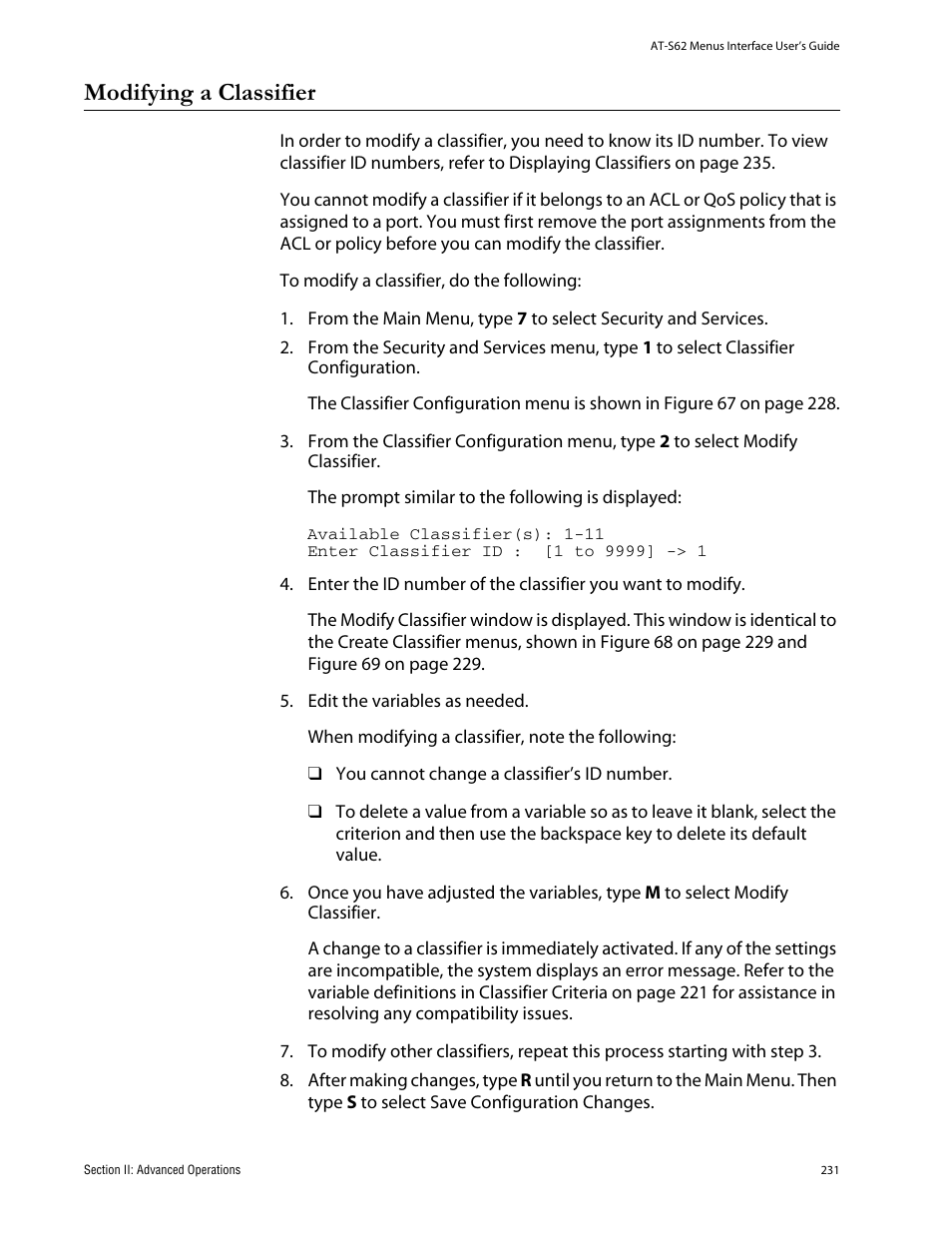 Modifying a classifier | Allied Telesis AT-S62 User Manual | Page 231 / 760