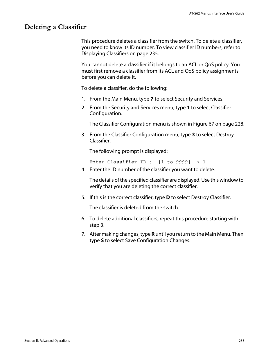 Deleting a classifier | Allied Telesis AT-S62 User Manual | Page 233 / 760