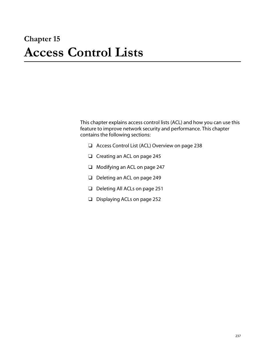 Chapter 15, Access control lists, Chapter 15 access control lists | Allied Telesis AT-S62 User Manual | Page 237 / 760