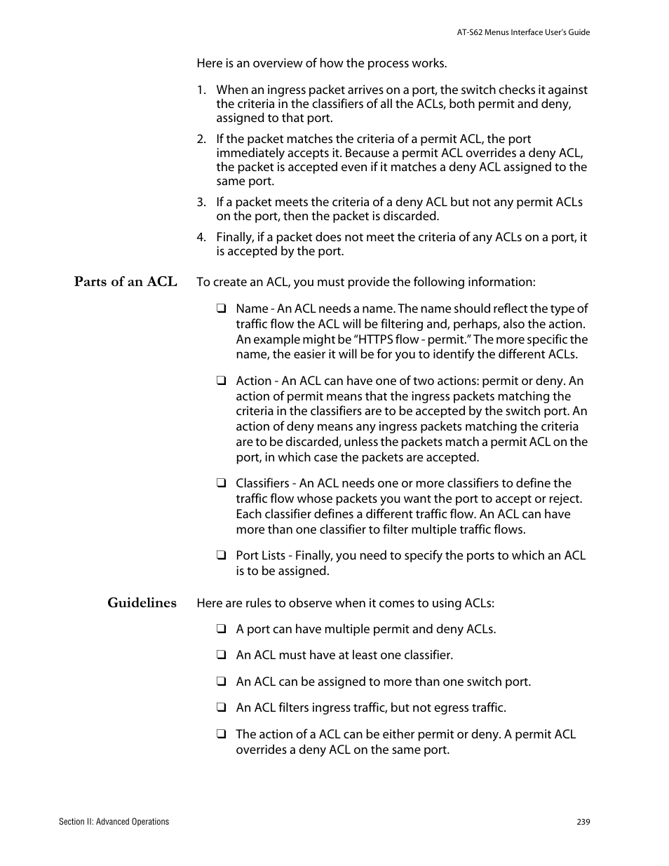 Parts of an acl, Guidelines, Parts of an acl guidelines | Allied Telesis AT-S62 User Manual | Page 239 / 760