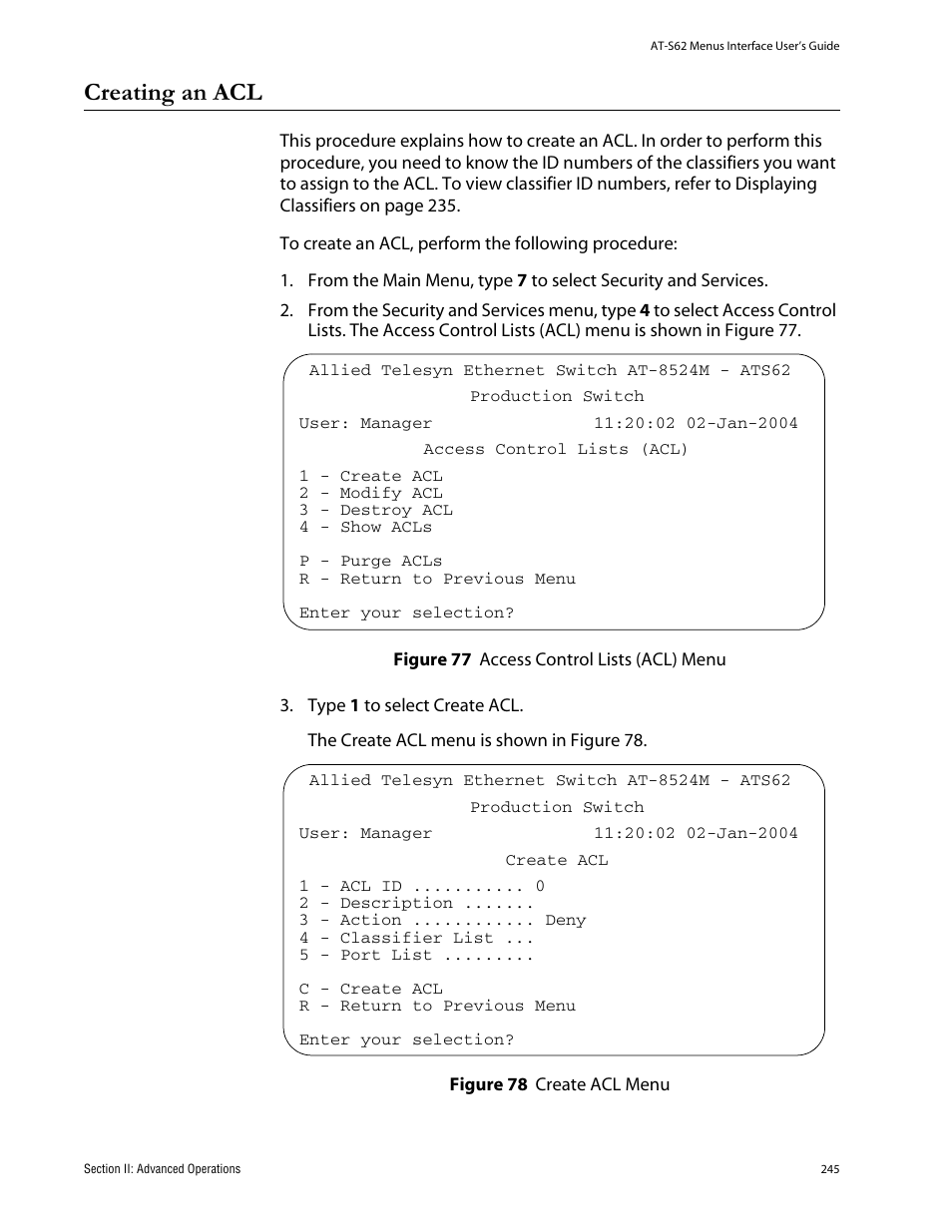 Creating an acl, To creating an acl on | Allied Telesis AT-S62 User Manual | Page 245 / 760