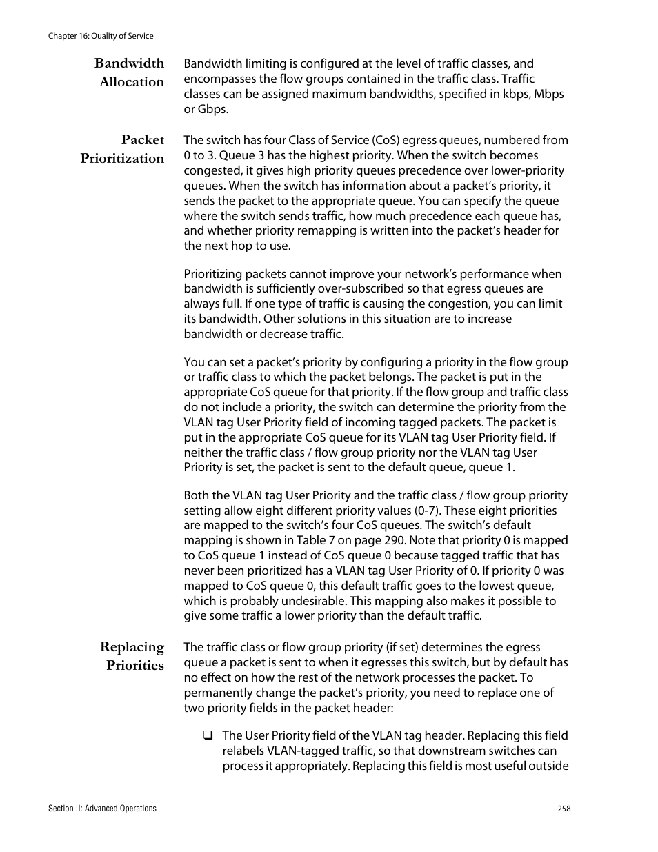 Bandwidth allocation, Packet prioritization, Replacing priorities | Packet prioritization replacing priorities | Allied Telesis AT-S62 User Manual | Page 258 / 760