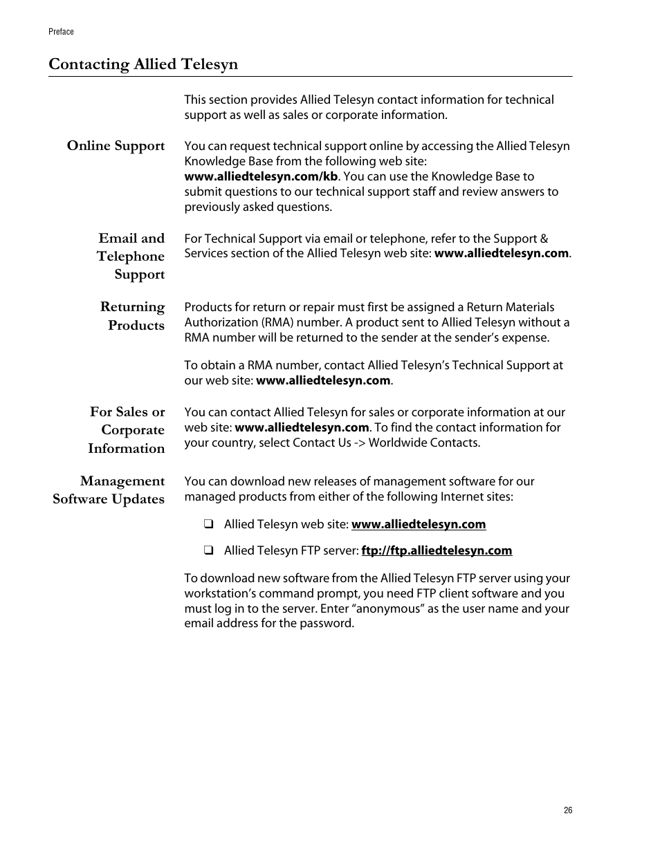 Contacting allied telesyn, Online support, Email and telephone support | Returning products, For sales or corporate information, Management software updates | Allied Telesis AT-S62 User Manual | Page 26 / 760
